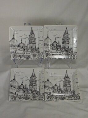 222 FIFTH black & white city scenes square porcelain dishes set of 4